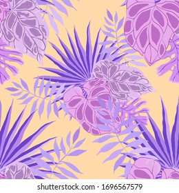 Modern abstract seamless pattern with watercolor tropical leaves for textile design. Retro summer background. Jungle foliage illustration. Swimwear botanical design. Vintage exotic print. Vector.