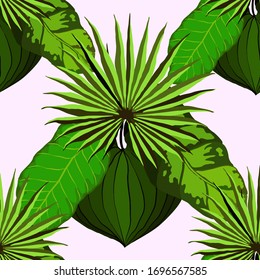 Modern abstract seamless pattern with watercolor tropical leaves for textile design. Retro summer background. Jungle foliage illustration. Swimwear botanical design. Vintage exotic print. Vector.