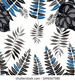 Modern abstract seamless pattern with watercolor tropical leaves for textile design. Retro summer background. Jungle foliage illustration. Swimwear botanical design. Vintage exotic print. Vector.