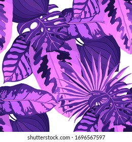 Moderno patrón abstracto sin fisuras con hojas tropicales acuarelas para el diseño textil. Fondo de verano retro. Ilustración de follaje de la jungla. Diseño botánico de ropa de baño. Impresión exótica vintage. Vector.