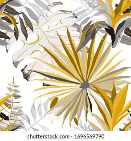 Modern abstract seamless pattern with watercolor tropical leaves for textile design. Retro summer background. Jungle foliage illustration. Swimwear botanical design. Vintage exotic print. Vector.