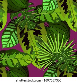 Modern abstract seamless pattern with watercolor tropical leaves for textile design. Retro summer background. Jungle foliage illustration. Swimwear botanical design. Vintage exotic print. Vector.