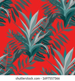 Moderno patrón abstracto sin fisuras con hojas tropicales acuarelas para el diseño textil. Fondo de verano retro. Ilustración de follaje de la jungla. Diseño botánico de ropa de baño. Impresión exótica vintage. Vector.
