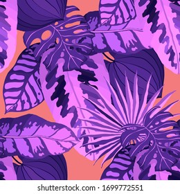 Modern abstract seamless pattern with watercolor tropical leaves for textile design. Retro summer background. Jungle foliage illustration. Swimwear botanical design. Vintage exotic print. Vector.