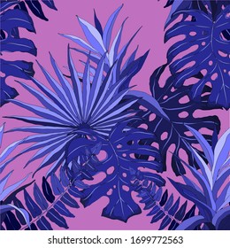Modern abstract seamless pattern with watercolor tropical leaves for textile design. Retro summer background. Jungle foliage illustration. Swimwear botanical design. Vintage exotic print. Vector.