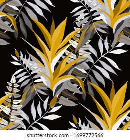 Moderno patrón abstracto sin fisuras con hojas tropicales acuarelas para el diseño textil. Fondo de verano retro. Ilustración de follaje de la jungla. Diseño botánico de ropa de baño. Impresión exótica vintage. Vector.