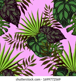 Moderno patrón abstracto sin fisuras con hojas tropicales acuarelas para el diseño textil. Fondo de verano retro. Ilustración de follaje de la jungla. Diseño botánico de ropa de baño. Impresión exótica vintage. Vector.