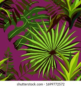 Moderno patrón abstracto sin fisuras con hojas tropicales acuarelas para el diseño textil. Fondo de verano retro. Ilustración de follaje de la jungla. Diseño botánico de ropa de baño. Impresión exótica vintage. Vector.