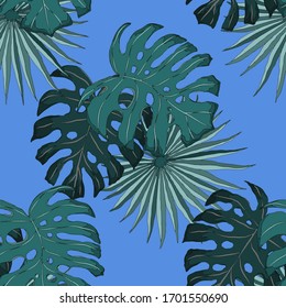Modern abstract seamless pattern with watercolor tropical leaves for textile design. Retro summer background. Jungle foliage illustration. Swimwear botanical design. Vintage exotic print. Vector.