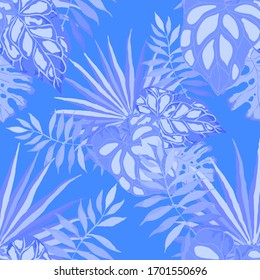 Modern abstract seamless pattern with watercolor tropical leaves for textile design. Retro summer background. Jungle foliage illustration. Swimwear botanical design. Vintage exotic print. Vector.