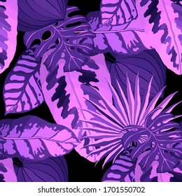 Moderno patrón abstracto sin fisuras con hojas tropicales acuarelas para el diseño textil. Fondo de verano retro. Ilustración de follaje de la jungla. Diseño botánico de ropa de baño. Impresión exótica vintage. Vector.