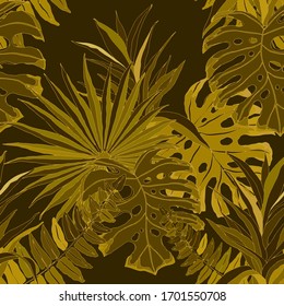 Modern abstract seamless pattern with watercolor tropical leaves for textile design. Retro summer background. Jungle foliage illustration. Swimwear botanical design. Vintage exotic print. Vector.