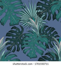 Modern abstract seamless pattern with watercolor tropical leaves for textile design. Retro summer background. Jungle foliage illustration. Swimwear botanical design. Vintage exotic print. Vector.