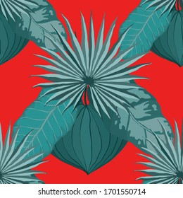 Modern abstract seamless pattern with watercolor tropical leaves for textile design. Retro summer background. Jungle foliage illustration. Swimwear botanical design. Vintage exotic print. Vector.