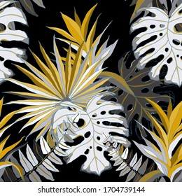 Modern abstract seamless pattern with watercolor tropical leaves for textile design. Retro summer background. Jungle foliage illustration. Swimwear botanical design. Vintage exotic print. Vector.