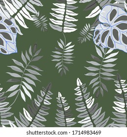 Moderno patrón abstracto sin fisuras con hojas tropicales acuarelas para el diseño textil. Fondo de verano retro. Ilustración de follaje de la jungla. Diseño botánico de ropa de baño. Impresión exótica vintage. Vector.