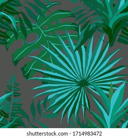 Modern abstract seamless pattern with watercolor tropical leaves for textile design. Retro summer background. Jungle foliage illustration. Swimwear botanical design. Vintage exotic print. Vector.