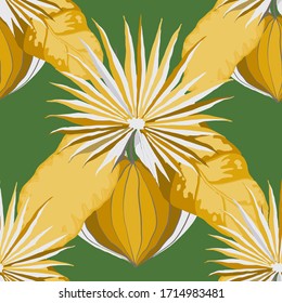 Modern abstract seamless pattern with watercolor tropical leaves for textile design. Retro summer background. Jungle foliage illustration. Swimwear botanical design. Vintage exotic print. Vector.
