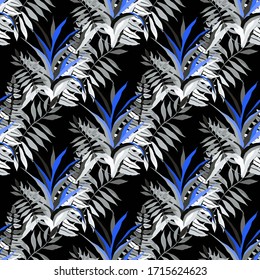 Modernes abstraktes, nahtloses Muster mit tropischen wasserfarbenen Blättern für die Textilgestaltung. Retro Sommer Hintergrund. Dschungelblumengrafik. Swimwear botanisches Design. Vintage exotische Druck. Vektorillustration.