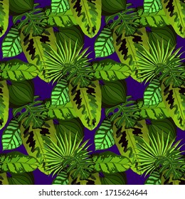 Modern abstract seamless pattern with watercolor tropical leaves for textile design. Retro summer background. Jungle foliage illustration. Swimwear botanical design. Vintage exotic print. Vector.