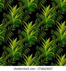 Modern abstract seamless pattern with watercolor tropical leaves for textile design. Retro summer background. Jungle foliage illustration. Swimwear botanical design. Vintage exotic print. Vector.