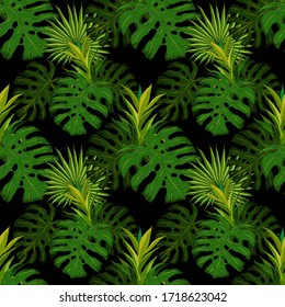 Moderno patrón abstracto sin fisuras con hojas tropicales acuarelas para el diseño textil. Fondo de verano retro. Ilustración de follaje de la jungla. Diseño botánico de ropa de baño. Impresión exótica vintage. Vector.