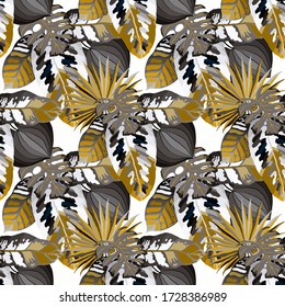 Modern abstract seamless pattern with watercolor tropical leaves for textile design. Retro summer background. Jungle foliage illustration. Swimwear botanical design. Vintage exotic print. Vector.