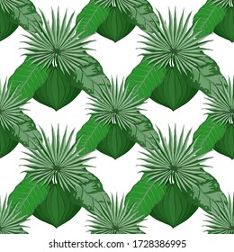Modern abstract seamless pattern with watercolor tropical leaves for textile design. Retro summer background. Jungle foliage illustration. Swimwear botanical design. Vintage exotic print. Vector.