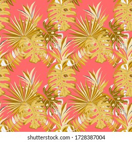 Modern abstract seamless pattern with watercolor tropical leaves for textile design. Retro summer background. Jungle foliage illustration. Swimwear botanical design. Vintage exotic print. Vector.