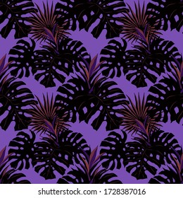 Modern abstract seamless pattern with watercolor tropical leaves for textile design. Retro summer background. Jungle foliage illustration. Swimwear botanical design. Vintage exotic print. Vector.