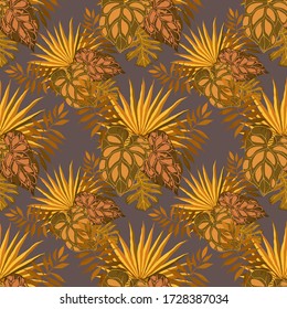 Modern abstract seamless pattern with watercolor tropical leaves for textile design. Retro summer background. Jungle foliage illustration. Swimwear botanical design. Vintage exotic print. Vector.
