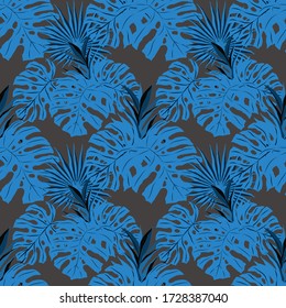 Modern abstract seamless pattern with watercolor tropical leaves for textile design. Retro summer background. Jungle foliage illustration. Swimwear botanical design. Vintage exotic print. Vector.