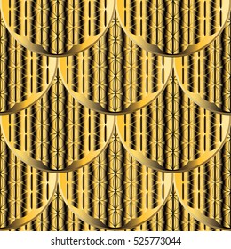 Modern abstract seamless pattern.Geometric gold 3d background. Luxury ornate gold wallpaper.Stylish vector surface texture with volumetric ornamental decorative circles and waves.Decor  with shadows.