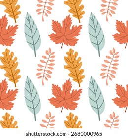 Modern abstract seamless patterns with natural colorful shapes. Autumn colors and fall leaves. Vector illustration in flat style for Wrapping paper, textile print, wallpaper.