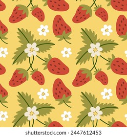 Modern abstract seamless strawberry pattern with leaves, branches and flowers. Contemporary botany art print.