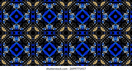Diseño Abstractas moderno de baldosas sin costuras. Patrón simétrico Abstractas azul y negro vibrante. 

Fondo geométrico del caleidoscopio digital. Diseño Abstractas retro de los años 70.
