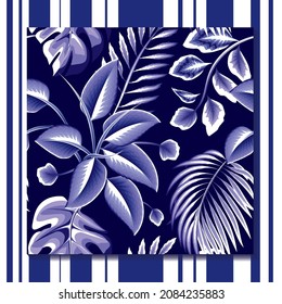 Moderne abstrakte, nahtlose tropische Muster mit blauer monochromatischer Form, Palmmonstera Pflanzenblätter. modische Drucktextur. Vektordesign. Naturhintergrund. Exotischer Sommer