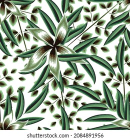 modern abstract seamless tropical pattern with bright colorful leaves and plants on white background. Seamless exotic pattern with tropical plants. Exotic wallpaper. Trendy summer Hawaii print. Floral
