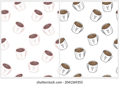 Modern Abstract Seamless Vector Pattern with Black and Pink Cup of Coffee. Funny Mugs with Heart on a White Background. Childish Style Print for Coffee Lovers ideal for Wrapping Papers, Fabric.