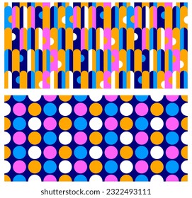 Modern Abstract Seamless Vector Pattern. Simple Colorful Geometric Print. Dots isolated on a Dark Blue Background. Trendy Creative Endless Design with Dots, Lines and Semicircles. Vivid RGB Colors.
