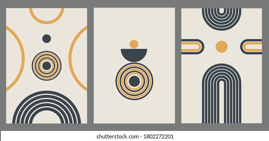 Modern abstract set aesthetic backgrounds with geometric balance shapes. Wall decor in boho style. Organic vector print with a rainbow, circle and semicircle	
