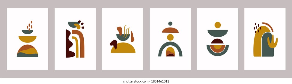 Modern abstract set aesthetic backgrounds with colorful shapes on white background. Wall decor in boho style. Organic vector print with hand drawn doodles	