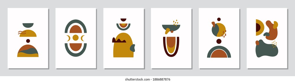 Moderne abstrakte, ästhetische Hintergründe mit bunten Formen auf weißem Hintergrund. Wanddekor im Boho-Stil. Organischer Vektordruck mit handgezeichneten Doodles	
