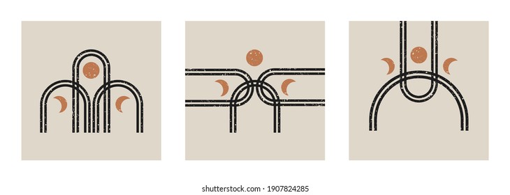 Modern abstract set aesthetic backgrounds with textured moon phases and various geometric rainbow. Wall decor in boho style. Mid century minimalist art print. Vector design