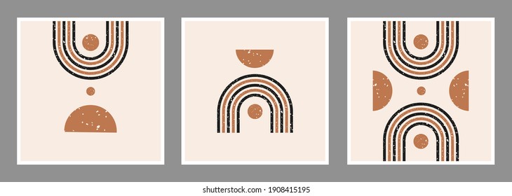 Modern abstract set aesthetic backgrounds with textured  various geometric rainbow and shapes. Wall decor in boho style. Mid century minimalist art print. Vector design