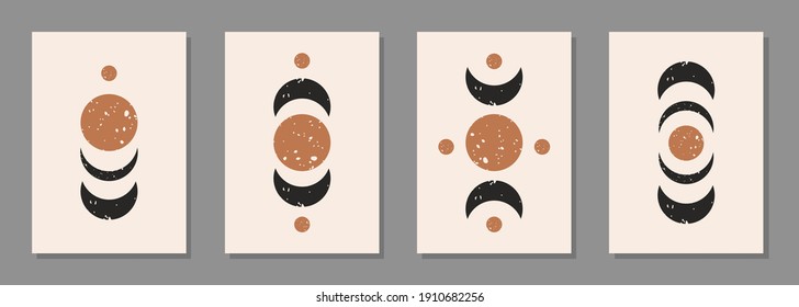 Modern abstract set aesthetic backgrounds with textured various geometric shapes. Wall decor in boho style. Mid century minimalist art print. Vector design