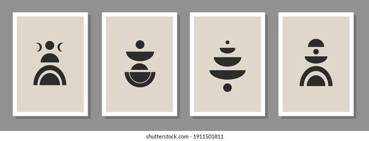 Modern abstract set aesthetic backgrounds with black various geometric shapes on pastel background. Wall decor in boho style. Mid century minimalist art print. Vector design