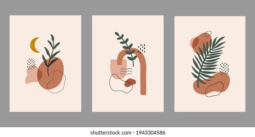 Modern abstract set aesthetic backgrounds with geometric balance shapes and branch. Wall decor in boho style. Mid century vector print for cover, wallpaper, card, social media, interior decor	