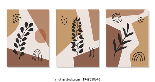  Modern abstract set aesthetic backgrounds with geometric balance shapes and branch. Wall decor in boho style. Mid century vector print for cover, wallpaper, card, social media, interior decor