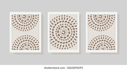 Modern abstract set aesthetic backgrounds with abstract shapes and branch. Wall decor in boho style. Mid century vector print for cover, wallpaper, card, social media, interior decor.